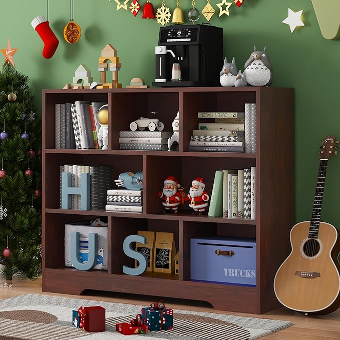 Book Shelf, 8 Cubes Storage Organizer, 3-Tier Open Shelf Wooden Bookcase, Freestanding Cherry Bookshelf Cube Shelf for Bedroom, Living Room