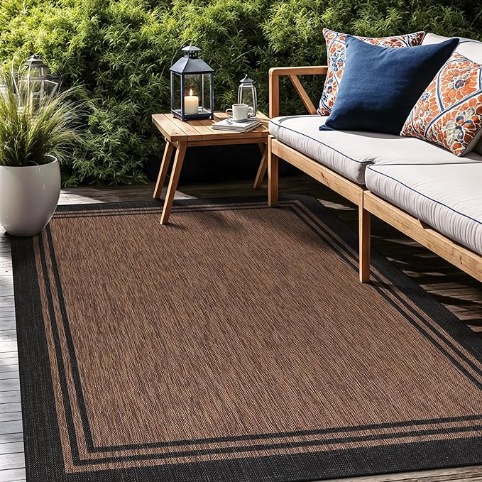 Bordered Outdoor Rug 6x9 Washable Outside Carpet for Indoor Patio Porch Waterproof Easy Cleaning Non Shedding Area Rugs Nut Brown 6 x 9