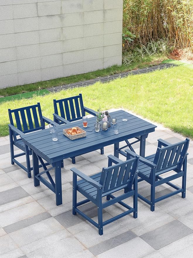 HDPE Patio Dining Set, 5-Piece Outdoor Table and Chairs with Umbrella Hole, Modern Outdoor Dining Set for 4, HDPE Outdoor Patio Furniture Dining Sets for Deck, Poolside, Porch, Navy