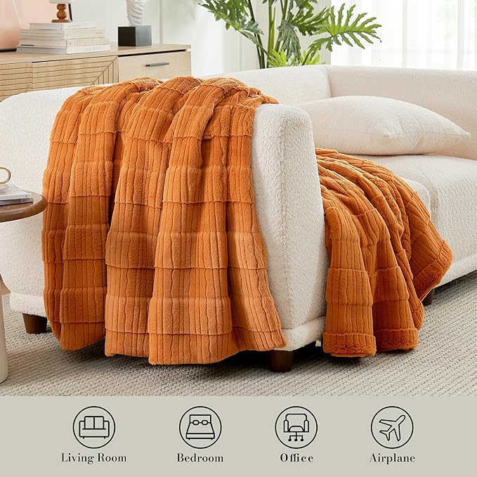 Amélie Home Luxury Striped Faux Fur Throw Blanket for Couch, Embossed Split Fur Cozy Fuzzy Fluffy Luxurious Soft Plush Sofa Chair Bed Gift Blankets for Women Men Wife Friend, 60"x80", Brown