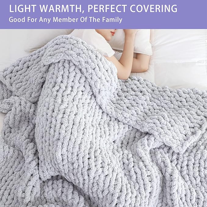 Bigacogo Chunky Knit Throw Blanket for Couch, 51x63 inches, 100% Hand Knitted with Thick Jumbo Chenille Yarn, Cozy Soft Large Rope Knot Cable Crochet Blankets for Sofa Bed Living Room, Light Grey