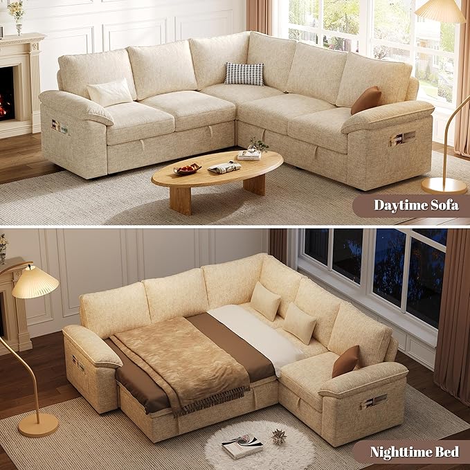 85 Inch Sectional Sleeper Sofa with Pull Out Bed,L Shaped 5 Seat Modular Sectional Sofa with Storage,Sectional Couches for Living Room,Cloud Modular Couch,Removable Sofa Cover,Beige
