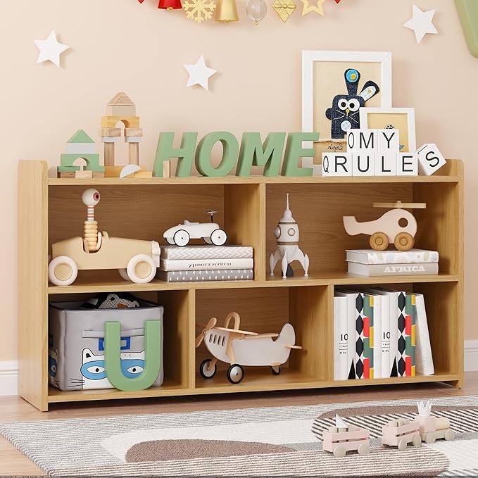 Book Shelf Set of 2, 5 Cubes Storage Organizer, Open Shelf Wooden Bookcase, Freestanding Log Bookshelf Cube Shelf for Bedroom, Living Room, Home Office