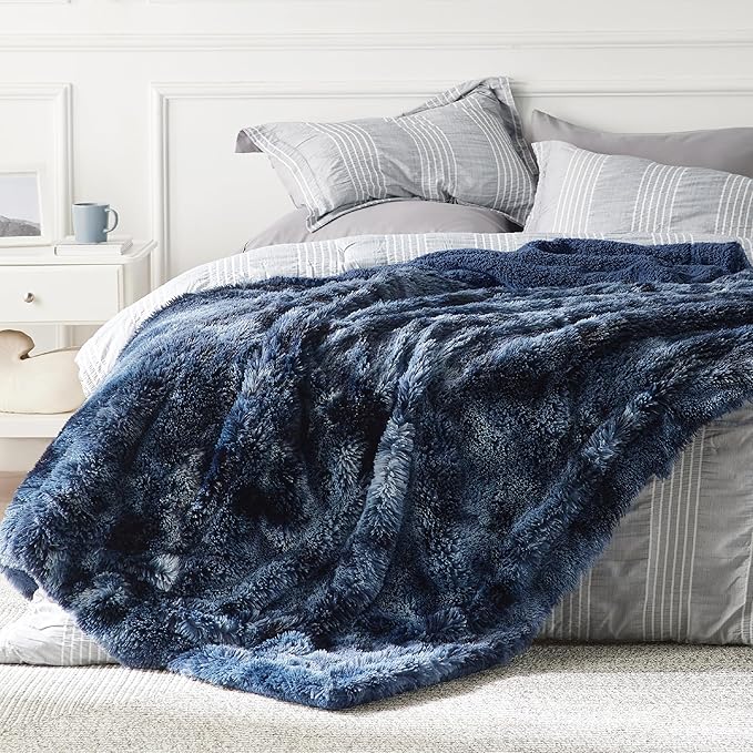 Bedsure GentleSoft Fluffy Tie Dye Navy Blue Blankets Queen Size for Bed, Thick Sherpa Faux Fur Fleece Fuzzy Plush Winter Warm Soft Queen Blankets, Bedroom Decor Blue Cozy Gifts for Women Men, 90x90