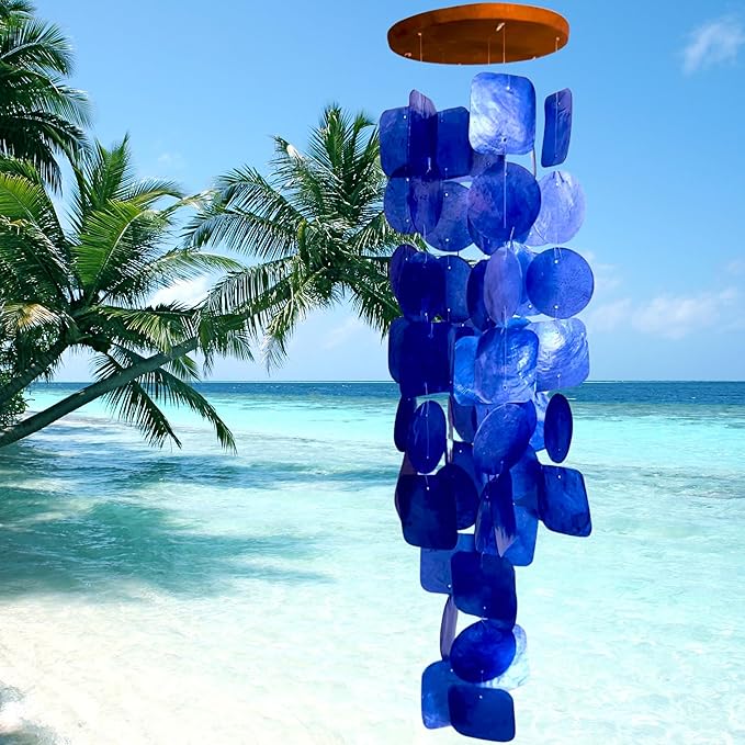 Bellaa 27918 Wind Chimes Outdoor, Garden Decorations, Musical, Indoor/Outside Windchimes, Beach, Ocean Breeze, Gifts for Mom, Gift for All Occasions, Capiz Sea Glass Shells Wood Blue 27 inch