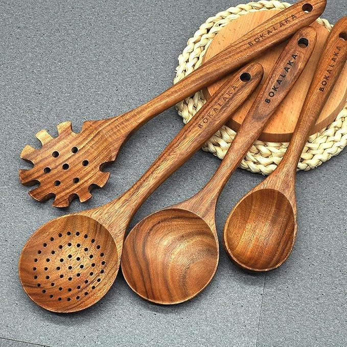 7-Piece Wooden Cooking Utensil Set - Teak Spatula and Spoons for Kitchen