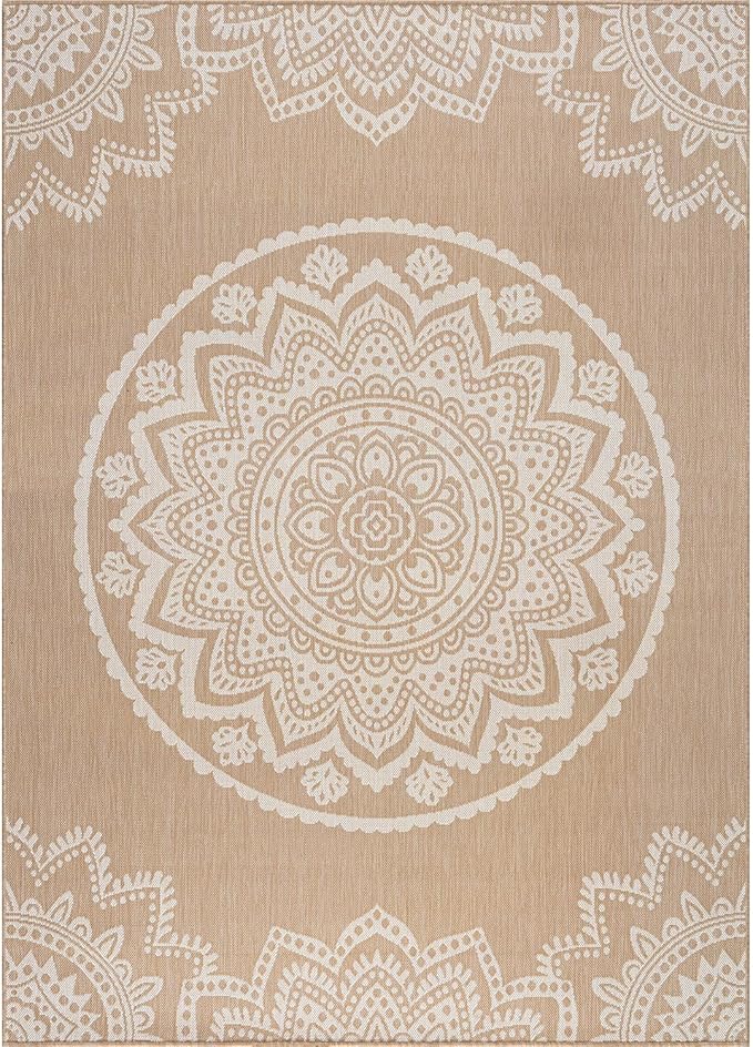 CAMILSON Outdoor Rug 5x7 Modern Area Rugs for Indoor and Outdoor Patios and Porches - Waterproof, Washable, Non-Shedding, Easy-to-Clean Outside Carpet (5 x 7, Medallion - Beige/White)