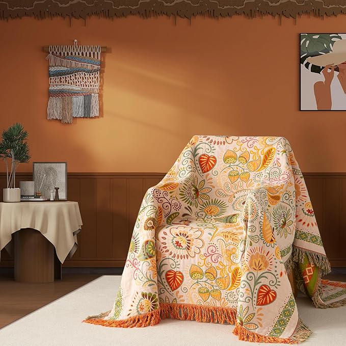 Boho Throw Blanket Full Size, Extra Large Soft Cozy Cotton Muslin Quilt Blanket for Bed Decor, Floral Patterned Couch Sofa Chair Cover, Vintage Farmhouse Cottage Woven Blanket, Coral&Green