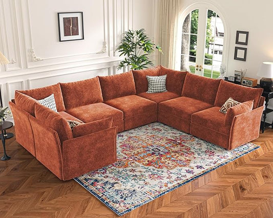 136.4" Oversized Modular Sectional Sofa, U Shaped Convertible Couch with Movable Ottoman, Large 7 Seat Corner Couches for Living Room Deep Seat Terracotta Orange Chenille