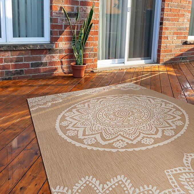 CAMILSON Outdoor Rug 9x12 Modern Area Rugs for Large Indoor and Outdoor Patios and Porches - Waterproof Washable Non-Shedding Easy-to-Clean Outside Carpet (9 x 12, Medallion - Beige/White)