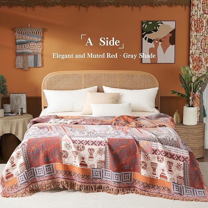 Boho Throw Blanket Twin Size, Soft Cozy Cotton Muslin Quilt Blanket for Bed Decor, Patchwork Block Couch Sofa Chair Cover, Vintage Farmhouse Cottage Tapestry Woven Blanket, Red&Orange
