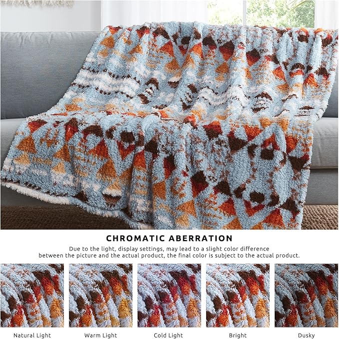 CASAAGUSTO Boho Sherpa Throw Blanket, Aztec Throw Blanket, Ultra Soft, Warm, Cozy, Plush, Thick Fleece Bohemian Blanket for Couch, Bed, Sofa (Blue Grey 50 * 60 Inch)