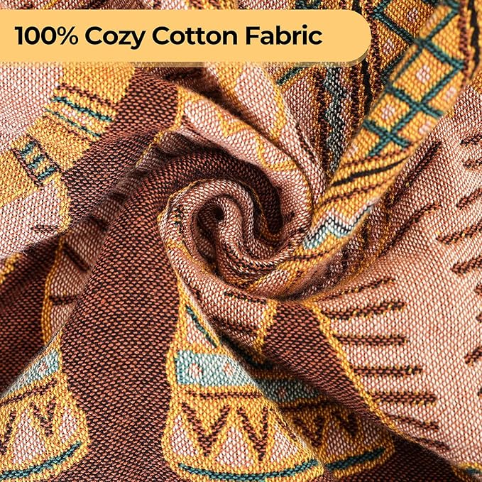 Boho Throw Blanket for Bed with Tassels,100% Cotton Ultra Soft and Cozy Large Blanket Elephant Printed Farmhouse Decor Bed Blankets,80"×90" All Season Rustic Throw for Sofa Couch Chair-Brown