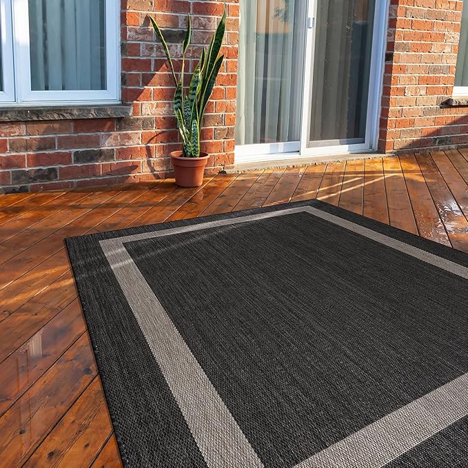 CAMILSON Outdoor Rug 10x14, Large Modern Outside Rugs for Patios Porches Waterproof Durable Washable Non-Shedding, Easy-to-Clean Indoor Outdoor Area Carpet (10 x 14, Bordered - Dark Gray/Light Gray)