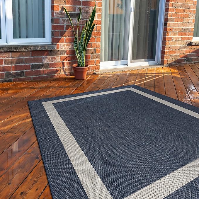 CAMILSON Outdoor Rug 10x14, Large Modern Outside Rugs for Patios Porches Waterproof Durable Washable Non-Shedding, Easy-to-Clean Indoor Outdoor Area Carpet (10 x 14, Bordered - Blue/White)