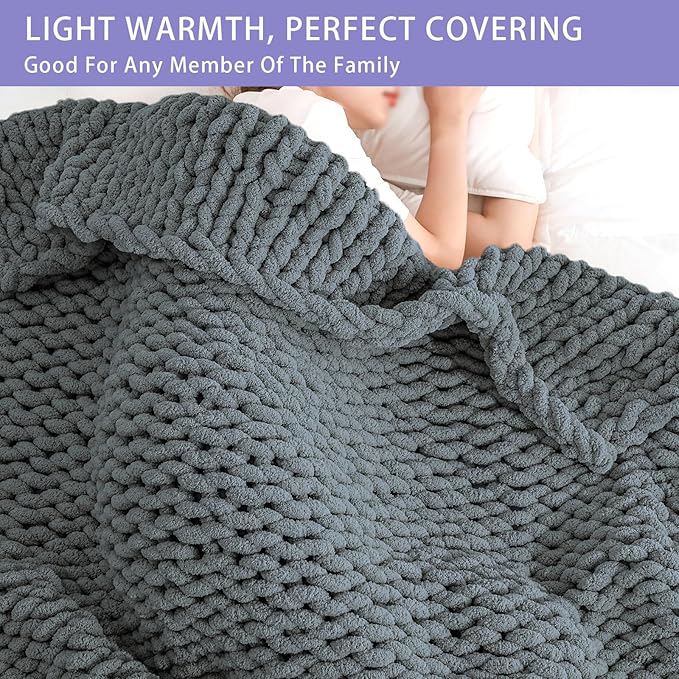 Bigacogo Chunky Knit Throw Blanket for Couch, 51x63 inches, 100% Hand Knitted with Thick Jumbo Chenille Yarn, Cozy Soft Large Rope Knot Cable Crochet Blankets for Sofa Bed Living Room, Iron Gray