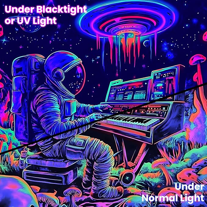 BVBOX Astronaut Space Blacklight Tapestry 90"x70", UV Reactive Astronaut Electronic Piano Universe Galaxy Planet Glow in Dark Music Tapestries, Black Light Neon Upright Poster Wall Hanging Backdrop Decor for Bedroom Living Room