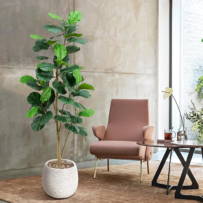 Artificial Fiddle Leaf Fig Tree, 7FT Tall Faux Ficus Lyrata Fake Tree in White Pot, Artificial Tree Indoor Decor, Fiddle Leaf Fig Tree Fake Plant for Home Office Living Room Decoration Modern