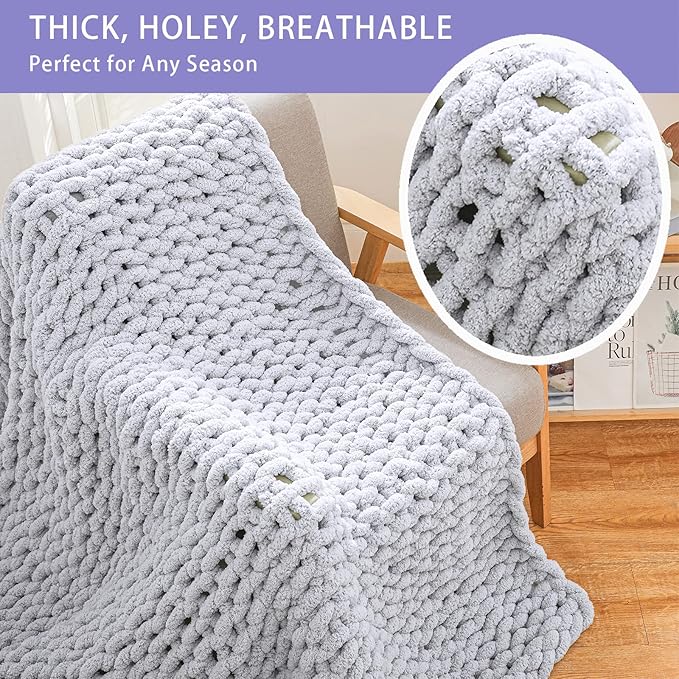 Bigacogo Chunky Knit Throw Blanket for Couch, 60x80 inches, 100% Hand Knitted with Thick Jumbo Chenille Yarn, Cozy Soft Large Rope Knot Cable Crochet Blankets for Sofa Bed Living Room, Light Grey
