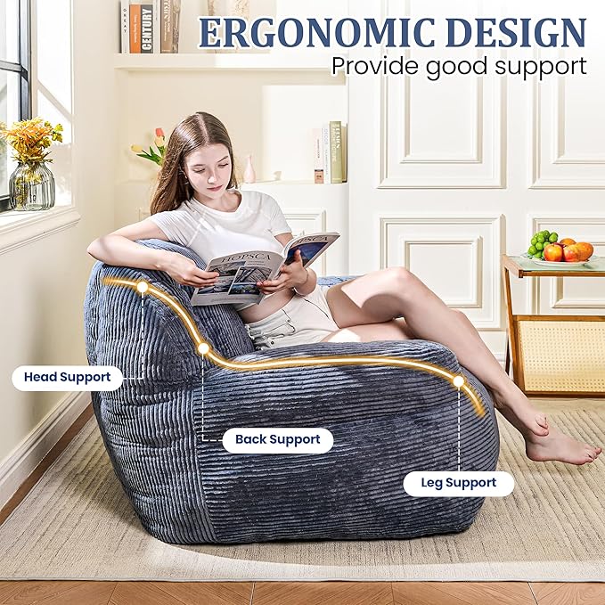 Bean Bag Chair, Faux Fur Bean Bag Chair for Adults, Fluffy and Comfy Bean Bags with Filler, Bean Bag Sofa Chair for Reading, Gaming, Stuffed High-Density Foam, Grey