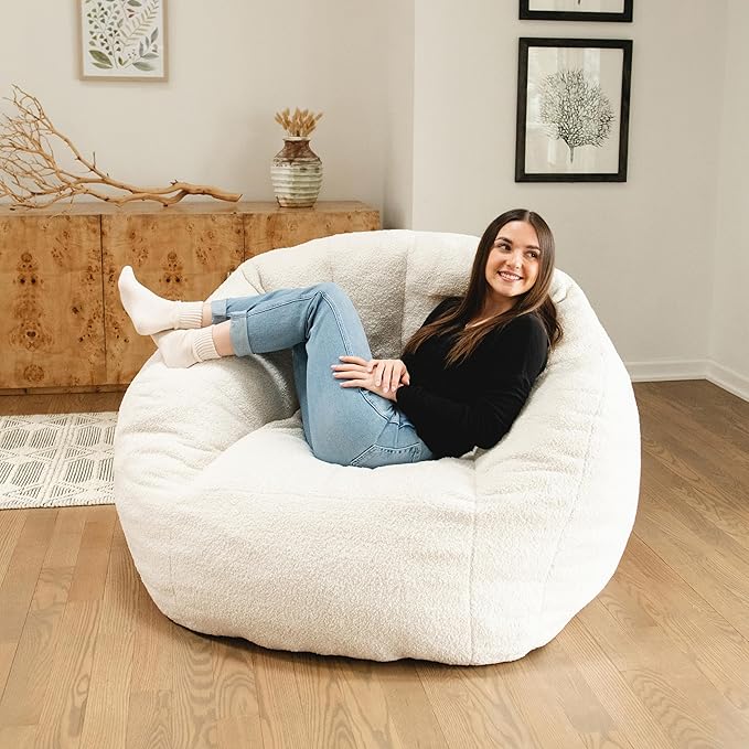 Big Joe Cloudberry Foam-Filled Structured Bean Bag Chair, Icing Teddy Boucle