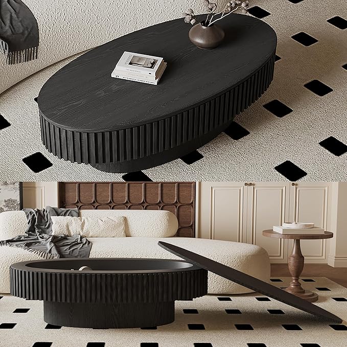 47.2''Oval Coffee Table with Storage, Mid Century Modern Fluted Drum Center Tables with Lid, Solid Wood Side Pedestal Coffee Table Tea Table for Living Room, Bedroom, Apartment-Black