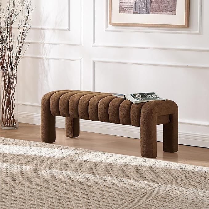 43.3" Bedroom Bench, Upholstered Entryway Bench, Modern End of Bed Ottoman with Solid Wood Legs and Adjustable Foot Pegs for Entryway, Dining Room and Living Room (Brown Boucle)