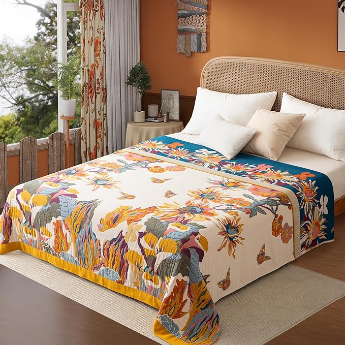 Boho Throw Blanket Queen Size, Oversized Soft Cozy Cotton Muslin Quilt Blanket for Bed Decor, Floral Patterned Couch Sofa Chair Cover, Vintage Farmhouse Cottage Woven Blanket, Yellow&Blue