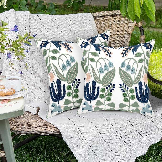 Alysheer Floral Embroidered Summer Decorative Throw Pillow Covers 20"x 20" Set of 2, Farmhouse Cottage Navy Blue Green Flowers Leaves Knit Pattern Cotton Canvas Cushion Case for Couch Bed Living Room