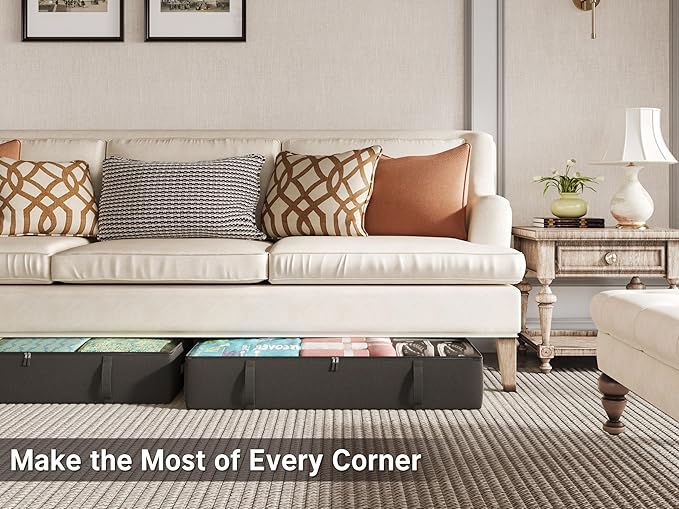 2-Pack Under Bed Storage Containers, 8 Inches Tall Underbed Clothes Storage Organizer Bin with Sturdy Sidewalls/Bottom, Under the Bed Storage Bags 2 Storage Bins, Black