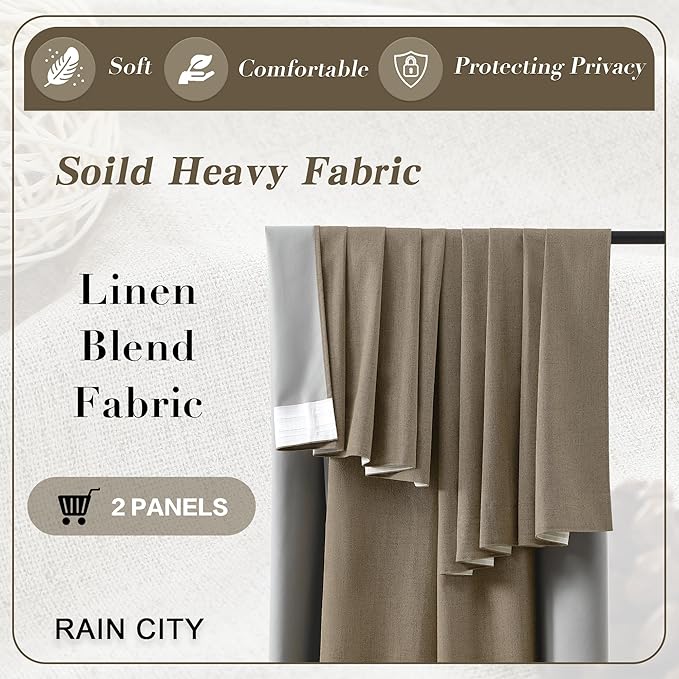 70 Inch Wide Blackout Curtains 2 Panels Set,Back Tab Pleated Curtains Hidden Tab with Hooks,Energy Efficinet Linen Blend Patio Drapes for Dining Room Sliding Glass Door 70x96 Length Linen Brown
