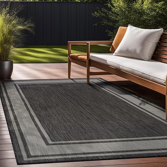 Beverly Rug Outdoor Rug 5x7 Modern Bordered Area Rugs for Indoor and Outdoor Patio Deck Porch Garden Waterproof Weather Sun Resistant Washable Outside Carpet (5 x 7 Dark Gray)