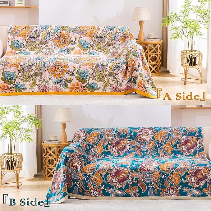 Boho Throw Blanket for Bed, 100% Cotton Soft Rustic Quilt Fall Blanket, 60"x80" Floral Printed Farmhouse Decor Bed Blankets, All Season Rustic Reversible Bohemian Throw Quilt