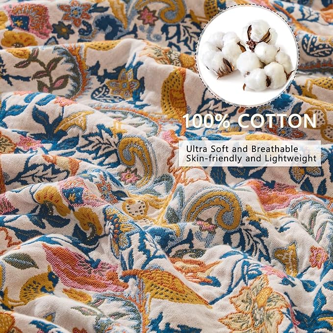 Boho Throw Blanket for Couch,100% Cotton Summer Blanket for Bed, Ultra Soft Rustic Quilt for Bed, Home Decor, Boho Picnic Blankets with Bird and Flowers for All Seasons,Twin 60"x80"