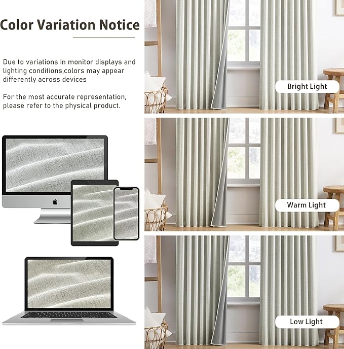 92 Inch Long Curtains 2 Panels,Back Tab Hook Belt with Hooks,Modern Neutral French Style Pleat Look Soundprof Linen Drop Cloth Traverse Blackout Curtains for Living Room 50W x 92L Natural Cream