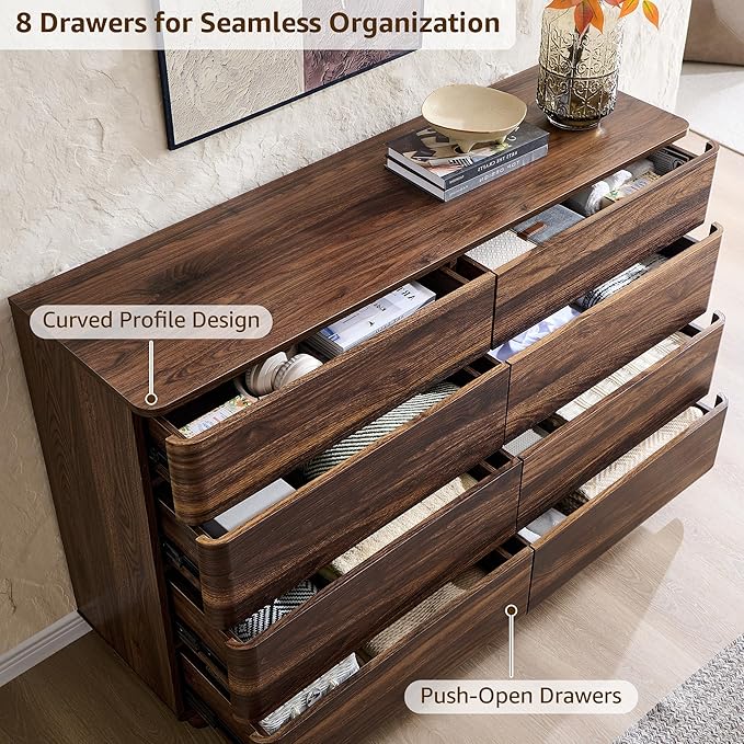 8 Drawer Dresser for Bedroom, 52 Inch Wide Modern Chest of Drawers, Push-to-Open Wood Storgae Organizer with Large Drawers for Bedroom, Living Room, Hallway,Brown