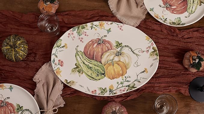 Bico Pumpkin Feast Ceramic 16 inch Oval Platter, Microwave & Dishwasher Safe