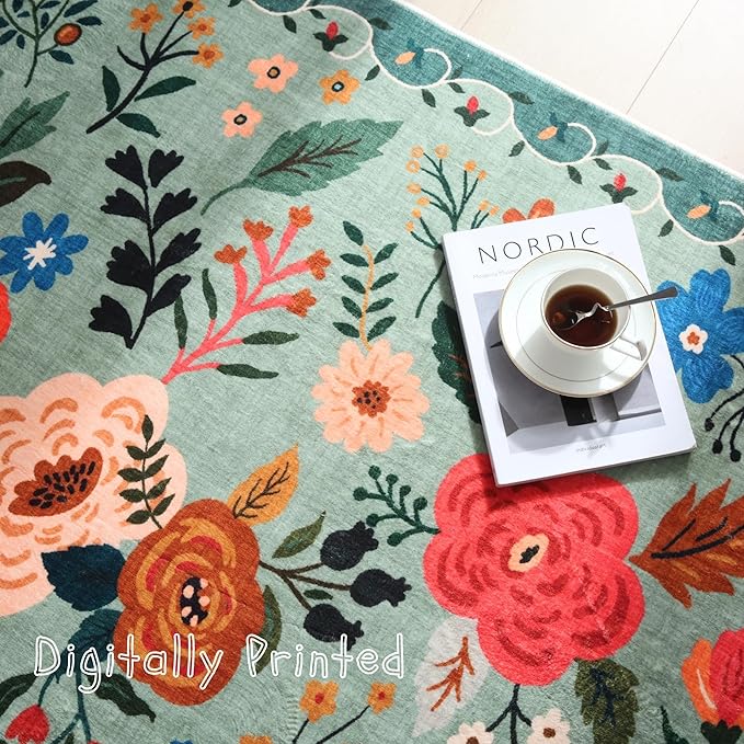 Area Rug 4x6 Rug Washable Boho Rugs Non Slip Low Pile Floral Small Carpet for Bedroom, Bedside, Kids Room, Office, Dining Room(Green)