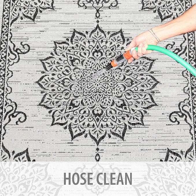 CAMILSON Outdoor Rug, 8x10 Medallion White Black Modern Area Rugs for Indoor and Outdoor Patios, Kitchen and Hallway Mats, Washable Porch Deck Outside Carpet (Medallion White, 8 x 10)