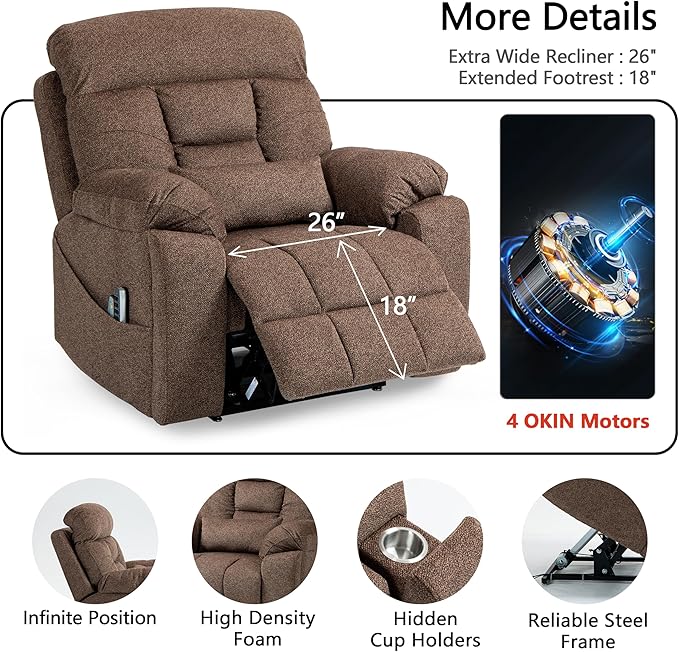 4 OKIN Motor Power Lay Flat Lift Recliner Chair for Elderly Adults Big and Tall Recliners with Heat Massage, Adjustable Head-Back-Lumbar-Leg-Support, Extended Footrest, 2 Cup Holders