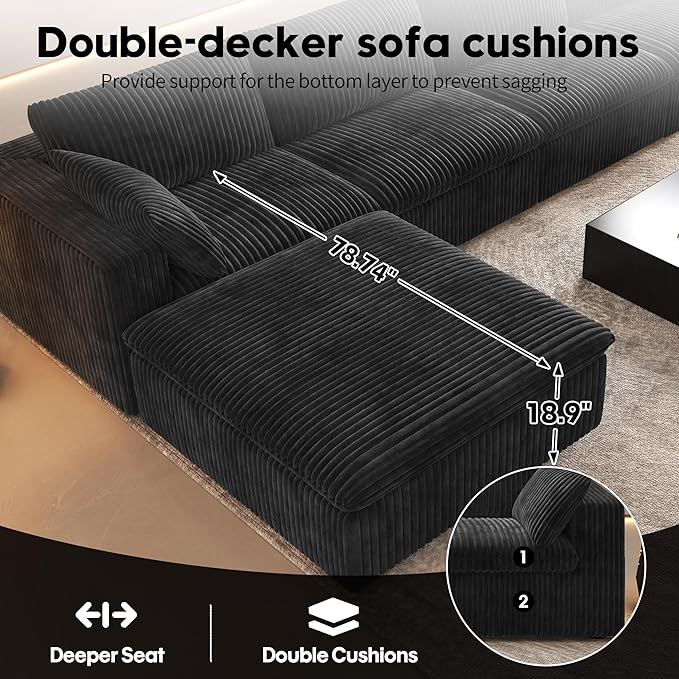 78.74" L Shaped Modern Sofa Modular Sectional Cloud Couch with Ottoman,Upholstered Couches with Plush Corduroy Fabric for Living Room Furniture,Bedroom and Apartment,No Assembly Required,Black