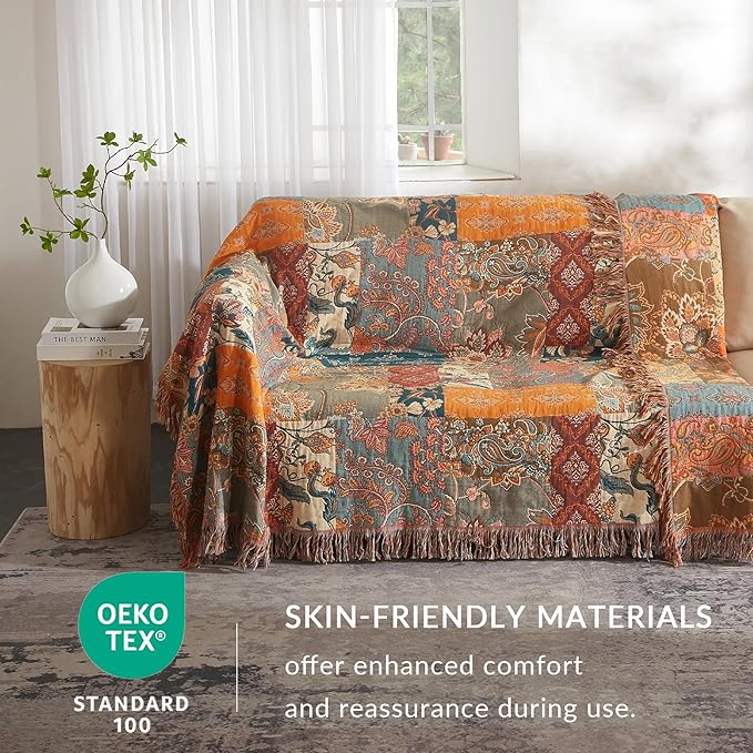 Boho Throw Blanket for Couch Sofa Bed, 100% Cotton Woven Quilt with Tassel 60”x80”, Super Soft Muslin Blanket with Floral Printed, Decorative Reversible Bed Blanket/Cover for All Seasons