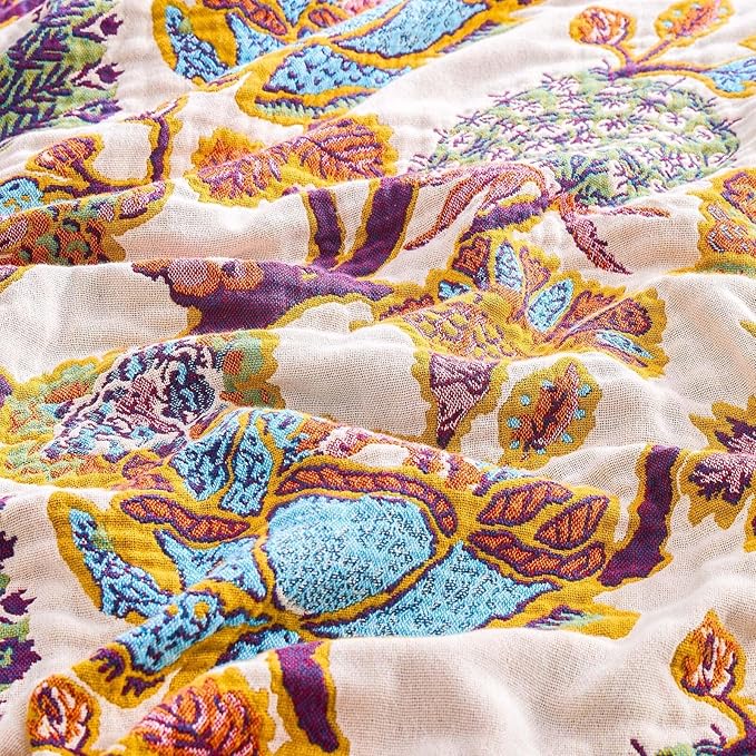 Boho Throw Blanket for Bed, 100% Cotton Soft Rustic Quilt Fall Blanket, 60"x80" Floral Printed Farmhouse Decor Bed Blankets, All Season Rustic Reversible Bohemian Throw Quilt