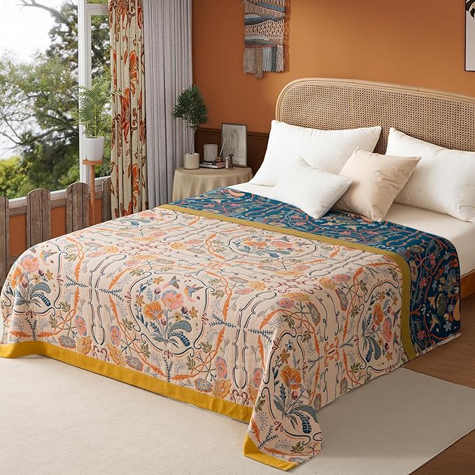 Boho Throw Blanket Twin Size, Soft Cozy Cotton Muslin Quilt Blanket for Bed Decor, Floral Patterned Couch Sofa Chair Cover, Vintage Farmhouse Cottage Tapestry Woven Blanket, Yellow&Blue