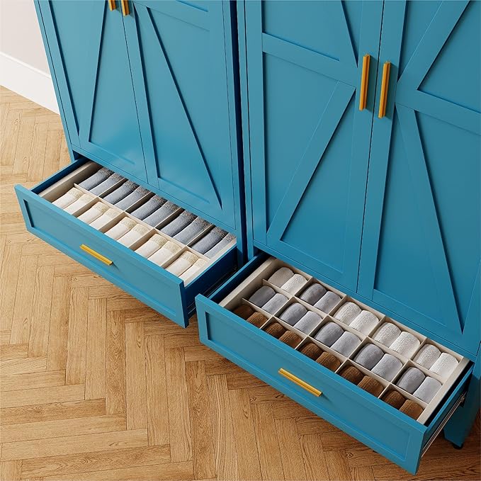 71'' Farmhouse Metal Wardrobe Cabinet with Hanging Rod, 2 Barn Door Wardrobe Closet with Adjustable Shelves,Drawer,for Dining Room,Bedroom,Living Room, Cloak Room,Office (Peacock Blue)