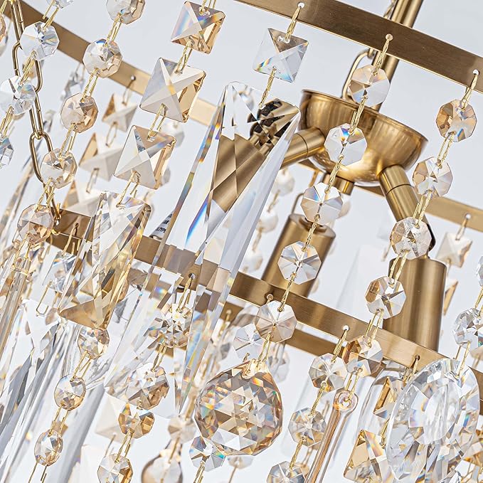 3-Lights K9 Crystal Chandeliers, Luxury Vintage Pendant Light Fixture for Dining Room, Living Room, D15*H20.4~66.8 inch (Adjustable), Clear Crystal & Gold Finish