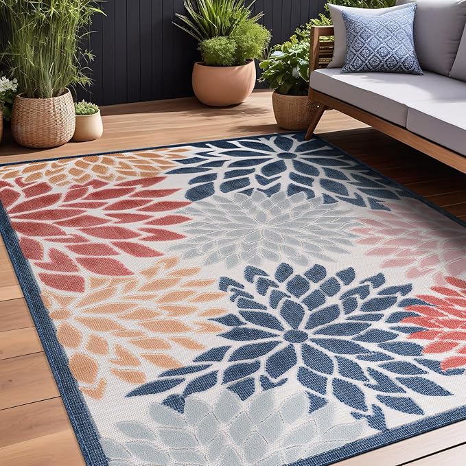 Beverly Rug Outdoor Rug 9x12 Large Modern Floral Tropical Area Rugs for Indoor and Outdoor Patio Easy to Clean Non Shedding Living Room Porch Garden Washable Outside Carpet (9 x 12 Multicolor)
