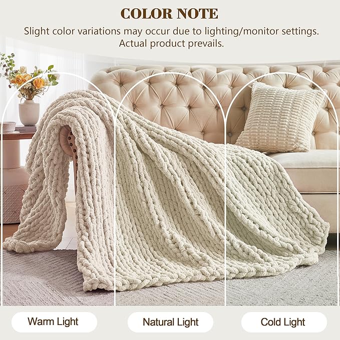 Carriediosa Chunky Knit Throw Blanket 60" X 80" Twin, 100% Hand Made Large Chenille Loop Yarn Soft Fluffy Throws for Couch Sofa Bed, Big Crochet Cozy Heavy Thick Cable Woven Blanket, Light Beige