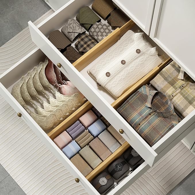 BAMEOS 4 PCS Bamboo Drawer Divider Adjustable Drawer Dividers Kitchen Drawer Organization Utensil Organizers for Kitchen Dresser Bathroom Bedroom and Office