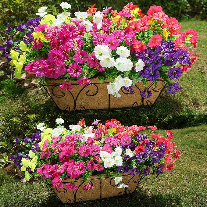 Artificial Flowers for Outdoors Fake Plants Outside Decoration, 12 Bundles Silk Colorful Morning Glory with Eucalyptus UV Resistant Realistic Faux Flowers for Planter Porch Patio Yard Garden